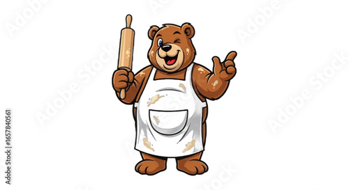 Adorable bear baker winking with rolling pin, ready for delicious treats, perfect for baking themes