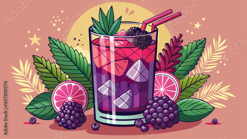 Vibrant gin bramble cocktail with ice cubes, blackberries, grapefruit slices and mint leaves, served in a glass with straws on a colorful tropical background
