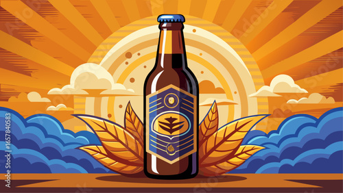 Stout beer bottle with a bold label, surrounded by barley leaves and clouds, set against a radiant sunrise sky in a vibrant artistic style
