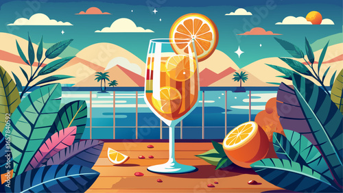 Refreshing prosecco spritz cocktail with orange slices in a tall glass, set on a tropical terrace with ocean view and sunset in the background