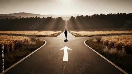 A lone figure stands at a fork in the road, contemplating a life decision with an arrow pointing towards the future.