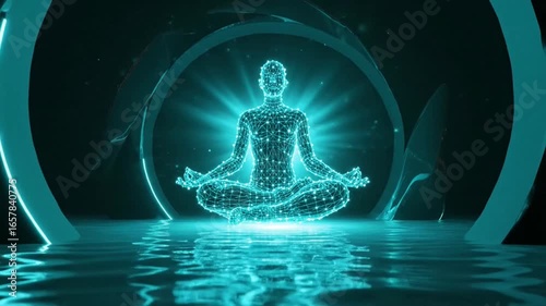 A luminous digital figure meditates in a lotus pose, surrounded by glowing futuristic arches over reflective water.