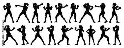 Female Boxers Silhouette Collection Fighting with Gloves on Transparent Background Vector Set
