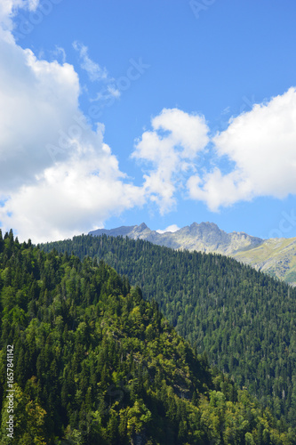 Beautiful mountain landscape. Mountains covered with green trees against blue sky with clouds. Natural background for travel.