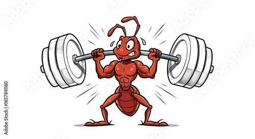Muscular ant lifting weights, demonstrating strength and determination in fitness journey, cartoon power
