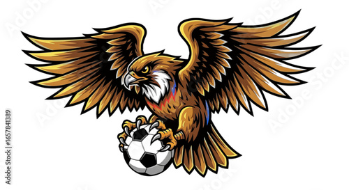 Golden eagle soars with soccer ball graphic for sports team branding and competitive spirit design