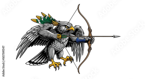 Powerful eagle archer mascot aiming with bow and arrow, perfect for sports logo or team emblem