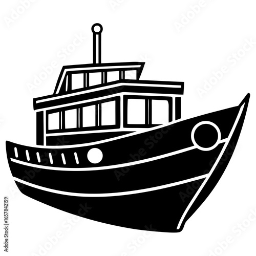 Black silhouette of a fishing trawler boat ship vessel