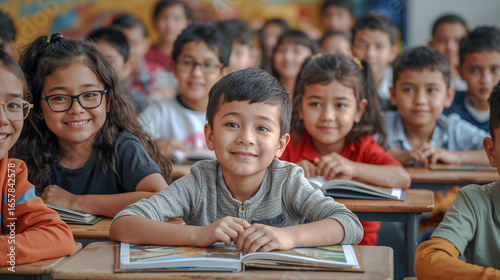 Joyful children in an elementary school classroom are happy to learn new things.