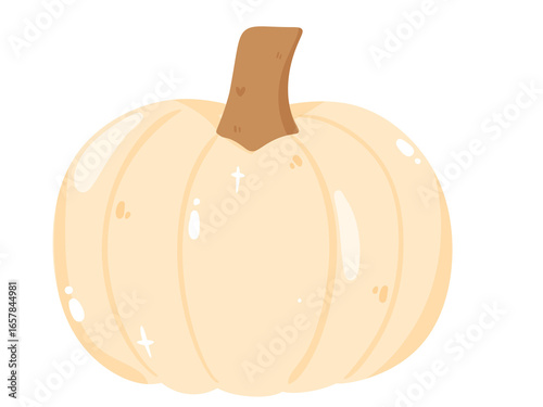 Kawaii pastel white pumpkin with glossy highlights and cute brown stem, festive cartoon illustration for Thanksgiving party, autumn decor, Christmas celebrations and New Year designs