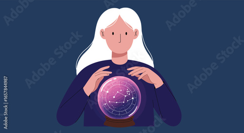 A fortune teller gazes into a crystal ball, seeking to predict the future through magic and divination, offering insights into astrology and the occult world
