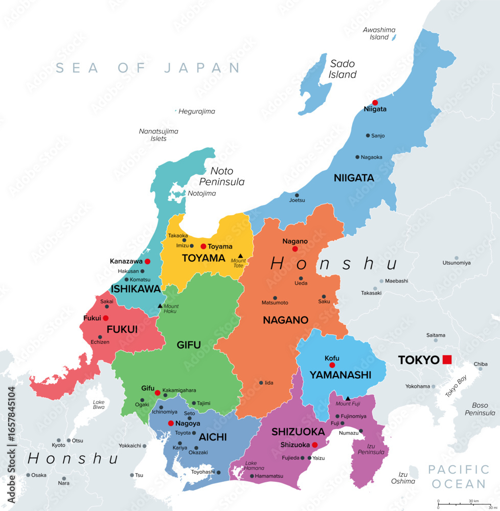 Fototapeta premium Chubu, region of Japan, multi colored map. Also the Central Region or Central Japan, a region in the middle of main island Honshu, encompassing nine prefectures. Map with capitals and largest cities.