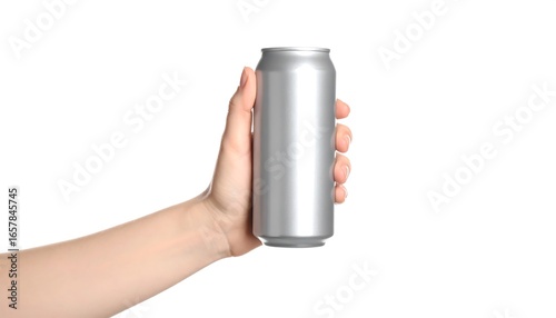 A light-gray aluminum beverage can is held by a hand against a plain white background.