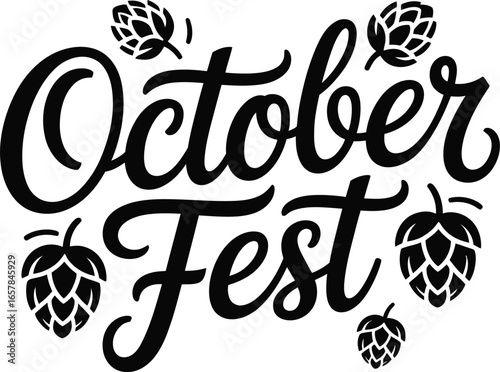 October Fest lettering with hops on white background text typography