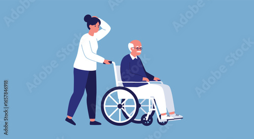 A compassionate caregiver assists an elderly man in a wheelchair, symbolizing care, support, and the importance of empathy in healthcare settings