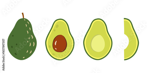 Flat vector set of avocados. Organic food