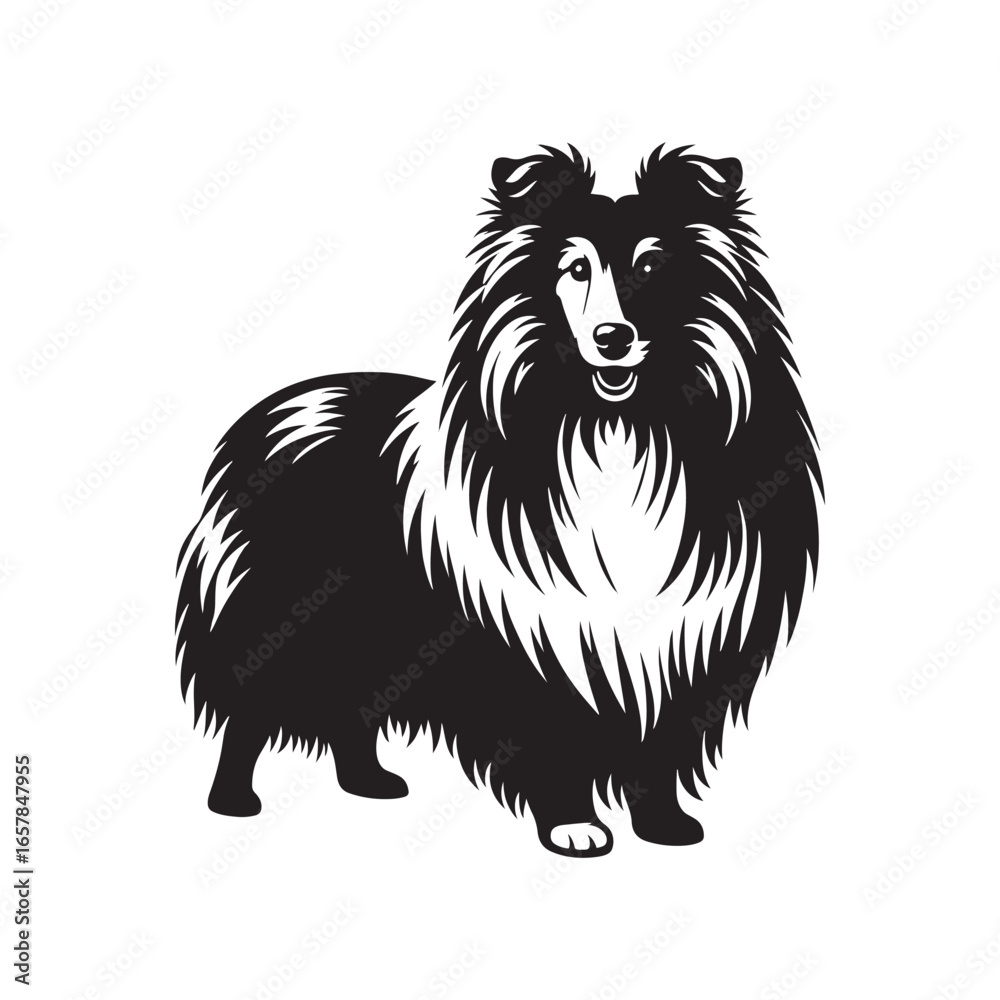 Obraz premium Shetland Sheepdog vector silhouette, elegant herding breed outline, loyal companion design, fluffy fur contour, intelligent posture, canine graphic art, dog lover emblem, minimal modern editable illus