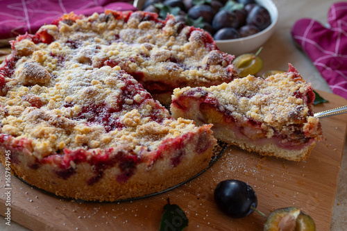 Delicious plum crumble cake - german streusel pie  fresh and homemade baked