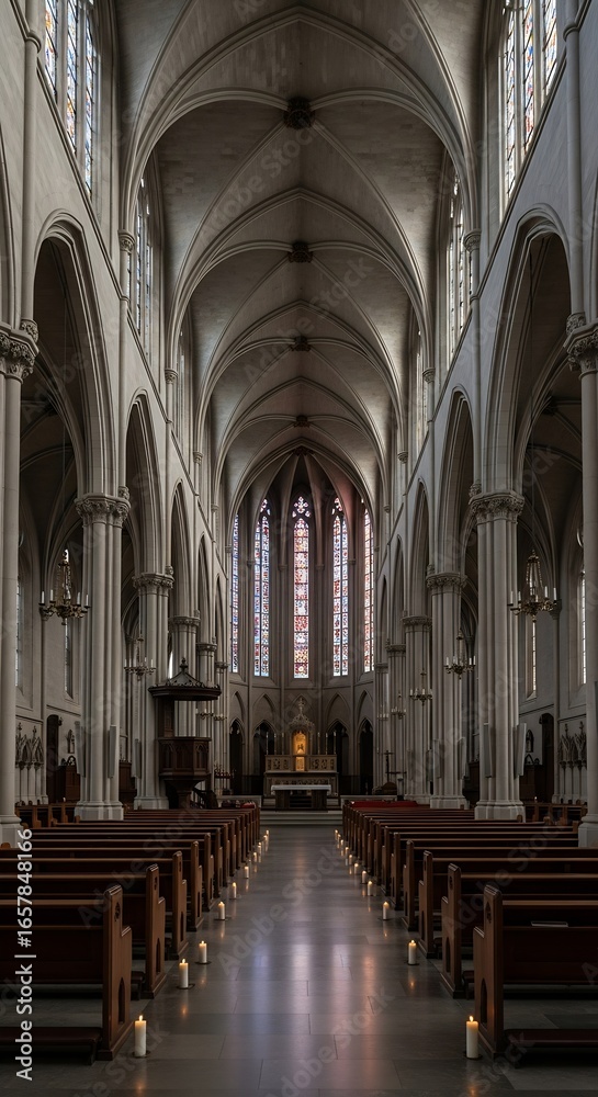Fototapeta premium Interior view of a grand cathedral featuring rows of pews, columns, and stained glass windows