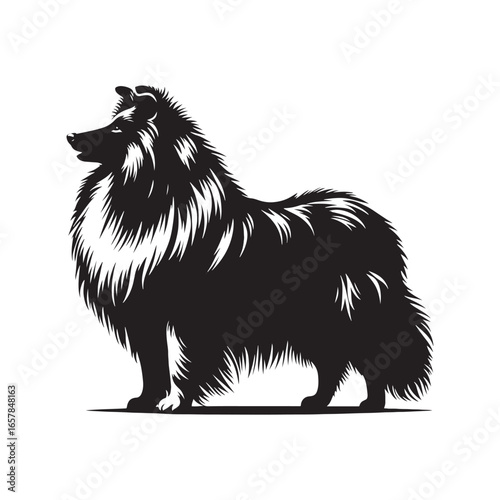 Shetland Sheepdog vector silhouette, elegant herding breed outline, loyal companion design, fluffy fur contour, intelligent posture, canine graphic art, dog lover emblem, minimal modern editable illus