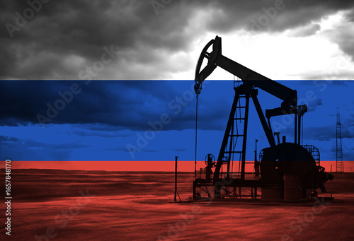 Drilling for oil in the countryside with Russian national flag overlay