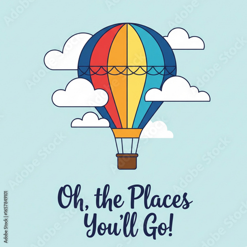 Colorful hot air balloon floats among fluffy white clouds in a bright blue sky, evoking a sense of adventure and wanderlust.