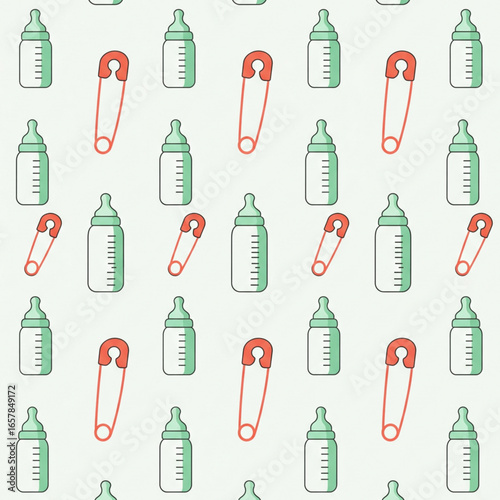 Baby bottles and safety pins arranged in a repeating pattern on a light background, suggesting childhood and care, creating a sweet and innocent feel.