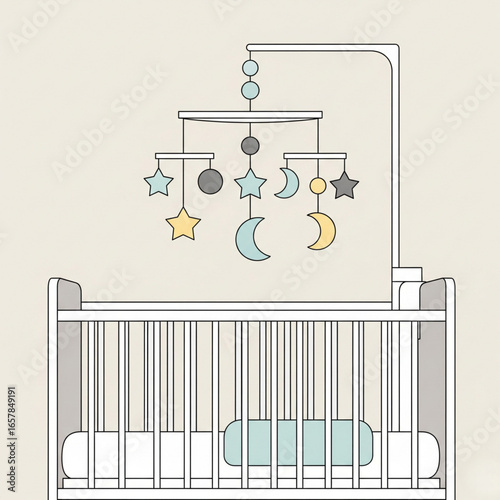 Baby crib mobile hangs over white wooden crib in nursery room creating a calming and peaceful atmosphere for newborn sleep.
