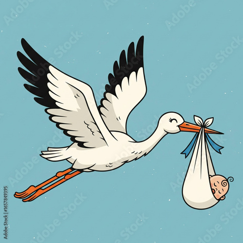 Stork carrying baby in a bundle flies through the sky on a bright day, symbolizing new life and joyful beginnings.