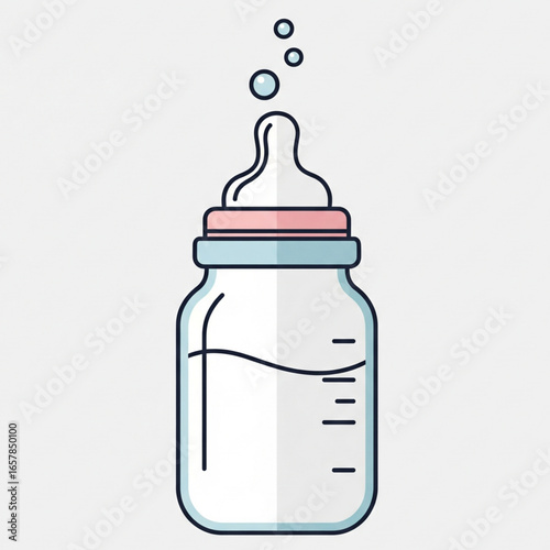 Baby bottle filled with milk sitting on a white surface, ready for feeding with a simple and clean aesthetic.