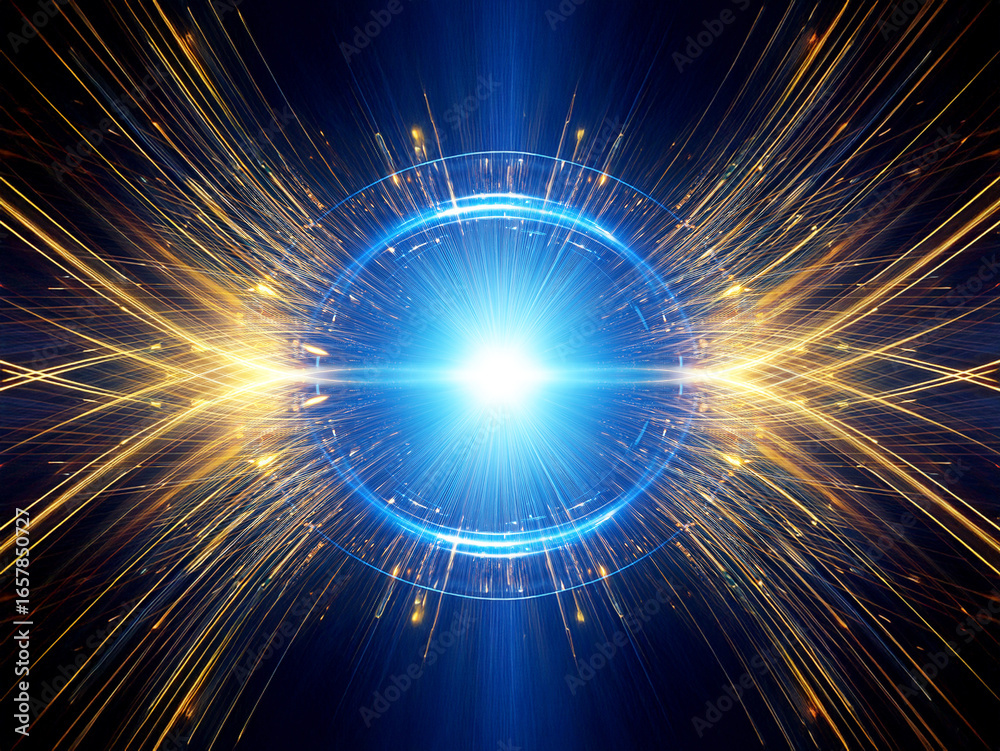 Fototapeta premium A bright, central light bursts forth, encircled by a glowing blue ring and radiating streaks of golden light against a dark backdrop, suggesting speed and energy.