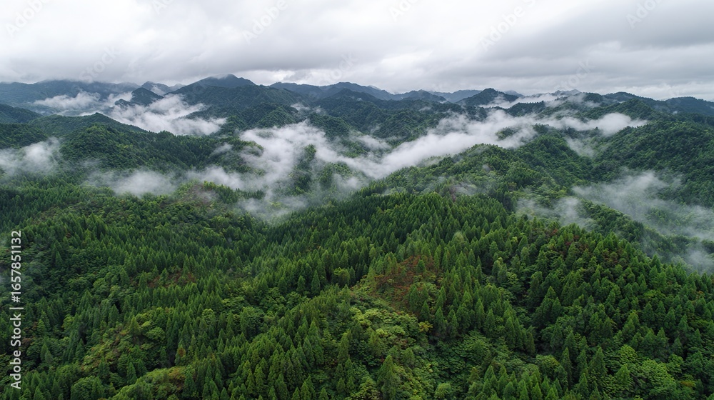 Fototapeta premium A bird's-eye view of a lush green forest with mountains in the background, taken during the summer rainy season, showcases intricate tree patterns, diversity, beauty, and natural splendor.