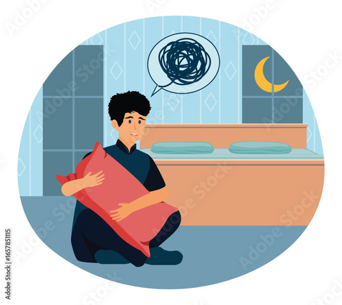  Sleep disturbances concept. Young Man Feeling Lost in Thought at Nighttime Home Setting.
