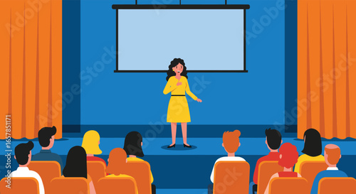 A speaker presenting to an audience on stage with a screen, sharing knowledge and information at a conference or seminar for business and education