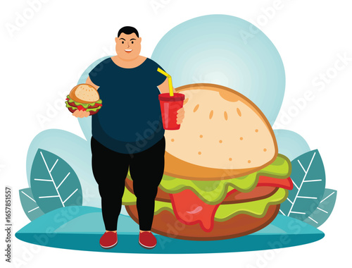 Overeating addiction concept. Man Holding a Burger and Drink With Large Food Imagery.