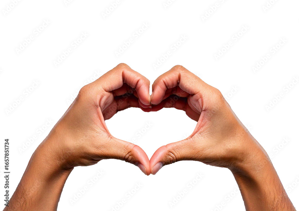 Fototapeta premium Top pov above overhead close up view photo of hands making shape of heart isolated on transparent or white background