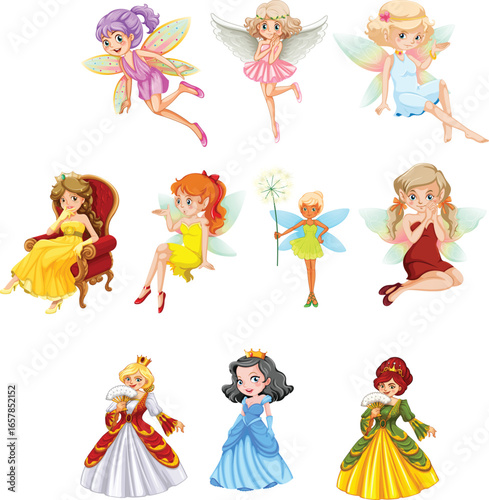 Magical fairies collection diverse styles and poses capturing enchantment and whimsy vector