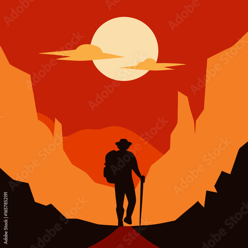 Hiker with backpack and walking stick in a canyon at sunset