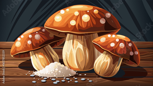 Fresh brown mushrooms with salt crystals on dark wooden surface, macro food photography with selective focus and natural lighting. white background,