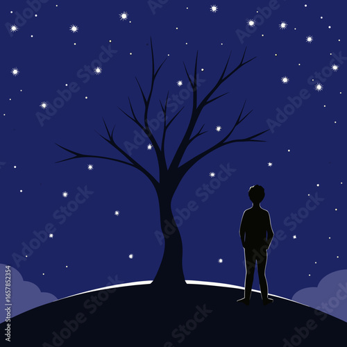Silhouette of person looking at starry night sky and bare tree