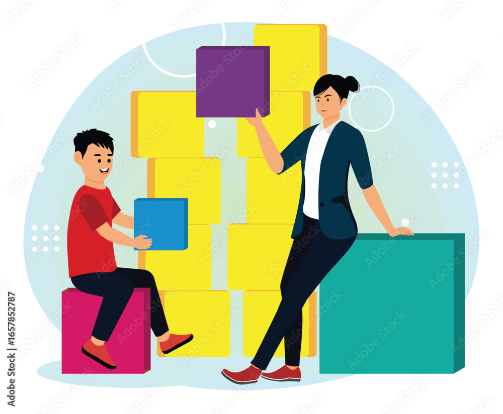 Obraz premium ADHD concept. Cooperative Learning Activity with Blocks Between a Child and a Mentor.