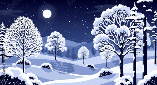 Winter Wonderland Illustration A Serene Night Scene with Snowy Trees and a Gentle Moonlight