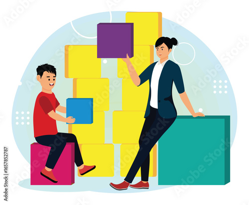 ADHD concept. Cooperative Learning Activity with Blocks Between a Child and a Mentor.