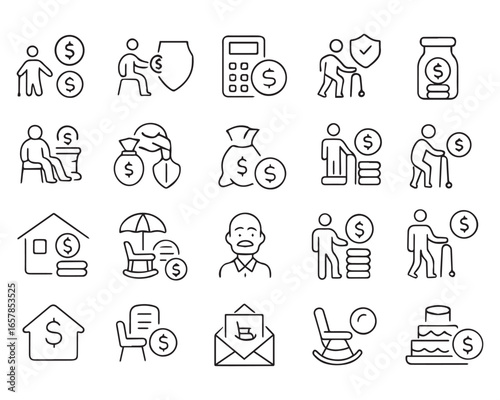 Set of outline icons related to retirement. Linear icon collection