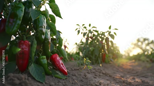 Red and Green Sweet Peppers Growing in a Field Row on a Sunny Day Agriculture