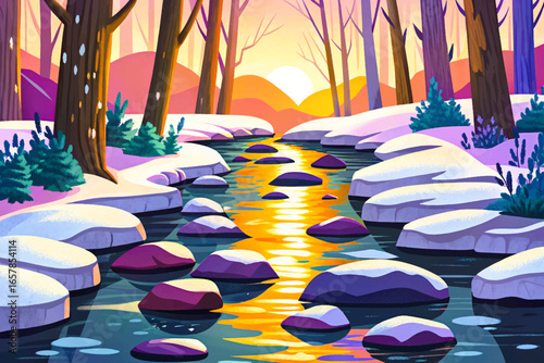 amazing Creek stones with melting snow and sunlight reflection, symbolizing seasonal transition. Peaceful natural scenery, perfect for nature concepts, backgrounds, seasonal change posters