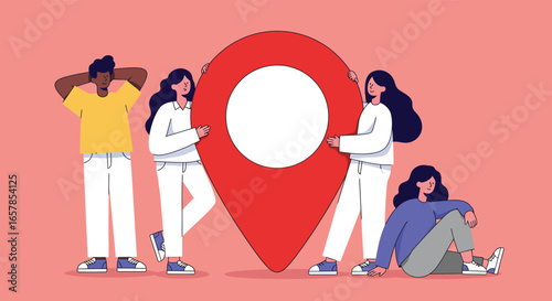 A group of diverse people collaborate around a large location pin, symbolizing teamwork, connection, and shared goals in a modern and vibrant illustration