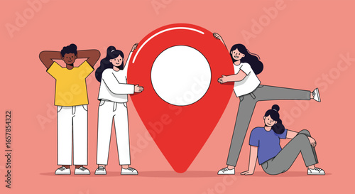 A group of diverse people collaborate around a large location pin, symbolizing teamwork, connection, and shared goals in a modern and vibrant illustration