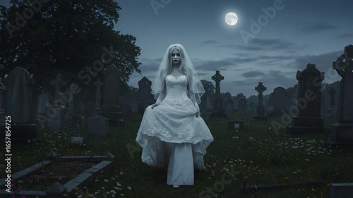 A haunting figure emerges from the shadows in a graveyard, draped in a flowing white gown under a full moon, surrounded by ancient gravestones and an eerie atmosphere.