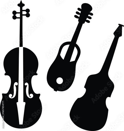 Silhouette vectors of a violin, ukulele, and double bass musical instruments in black and white